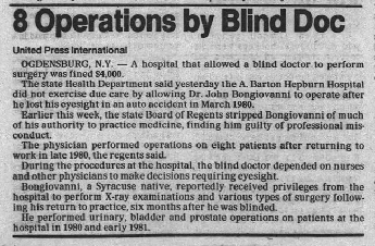 Newspaper article about blind surgeon